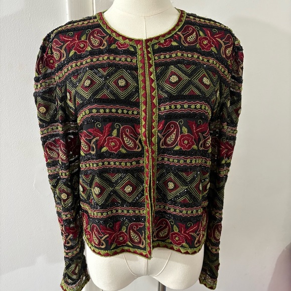 Vtg Beaded Embroidered Evening Formal Jacket Sz M / L Whimsigoth Black Red Green - Picture 1 of 14